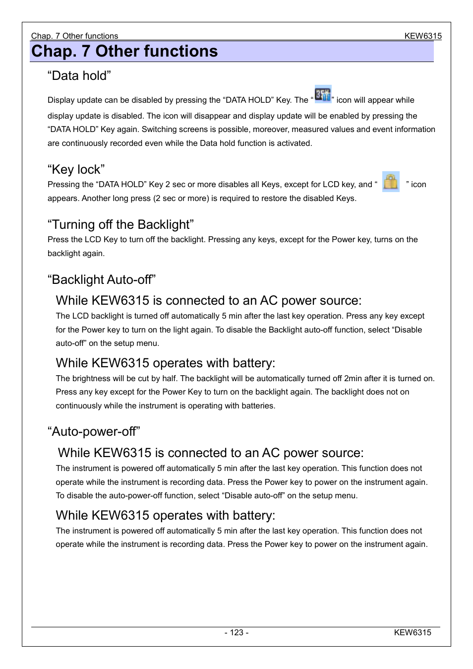 Chap. 7 other functions, Data hold, Key lock | Turning off the backlight, Backlight auto-off, While kew6315 is connected to an ac power source, While kew6315 operates with battery, Auto-power-off | KYORITSU 6315 Instruction Manual User Manual | Page 125 / 163