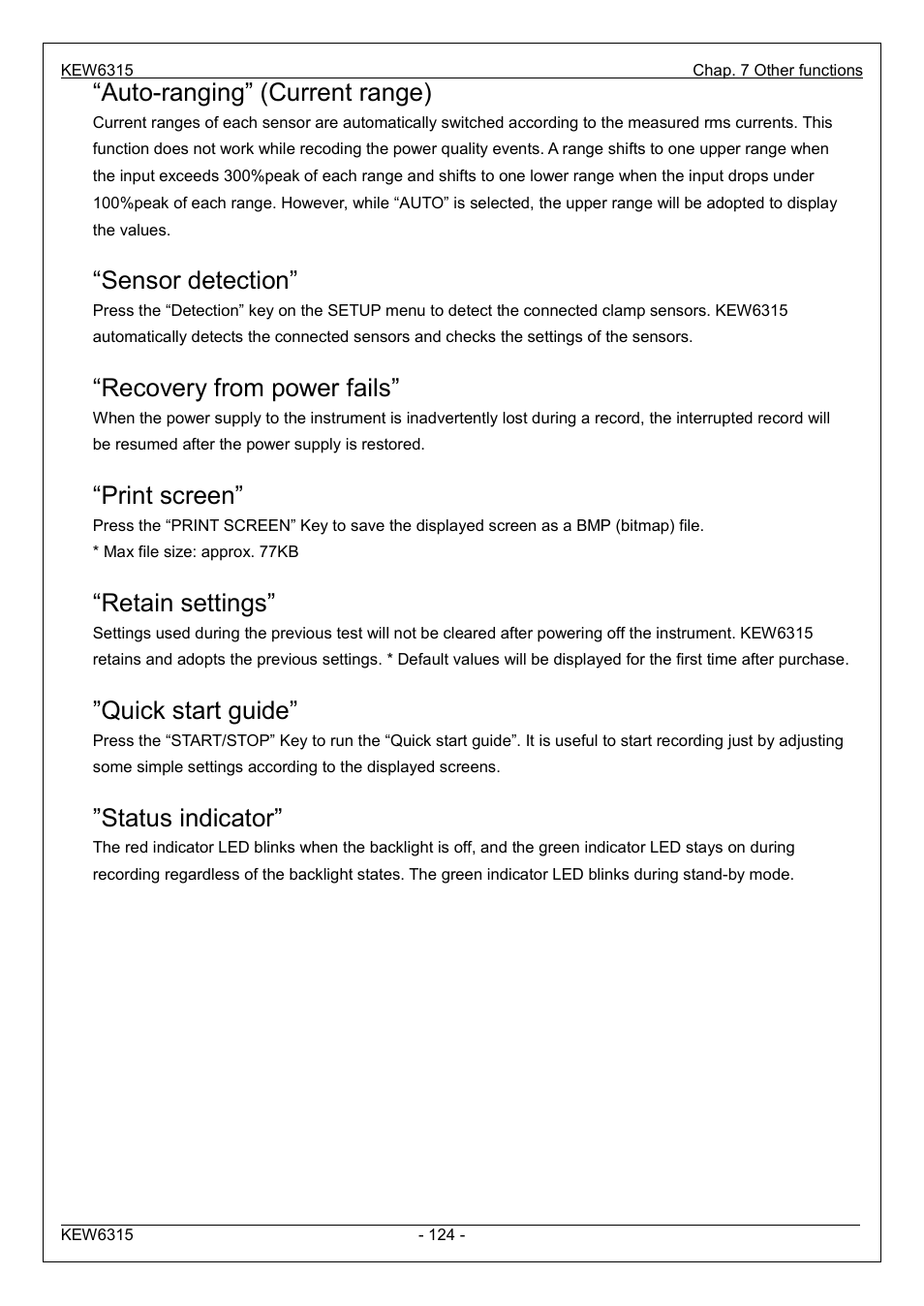 Auto-ranging” (current range), Sensor detection, Recovery from power fails | Print screen, Retain settings, Quick start guide, Status indicator | KYORITSU 6315 Instruction Manual User Manual | Page 126 / 163