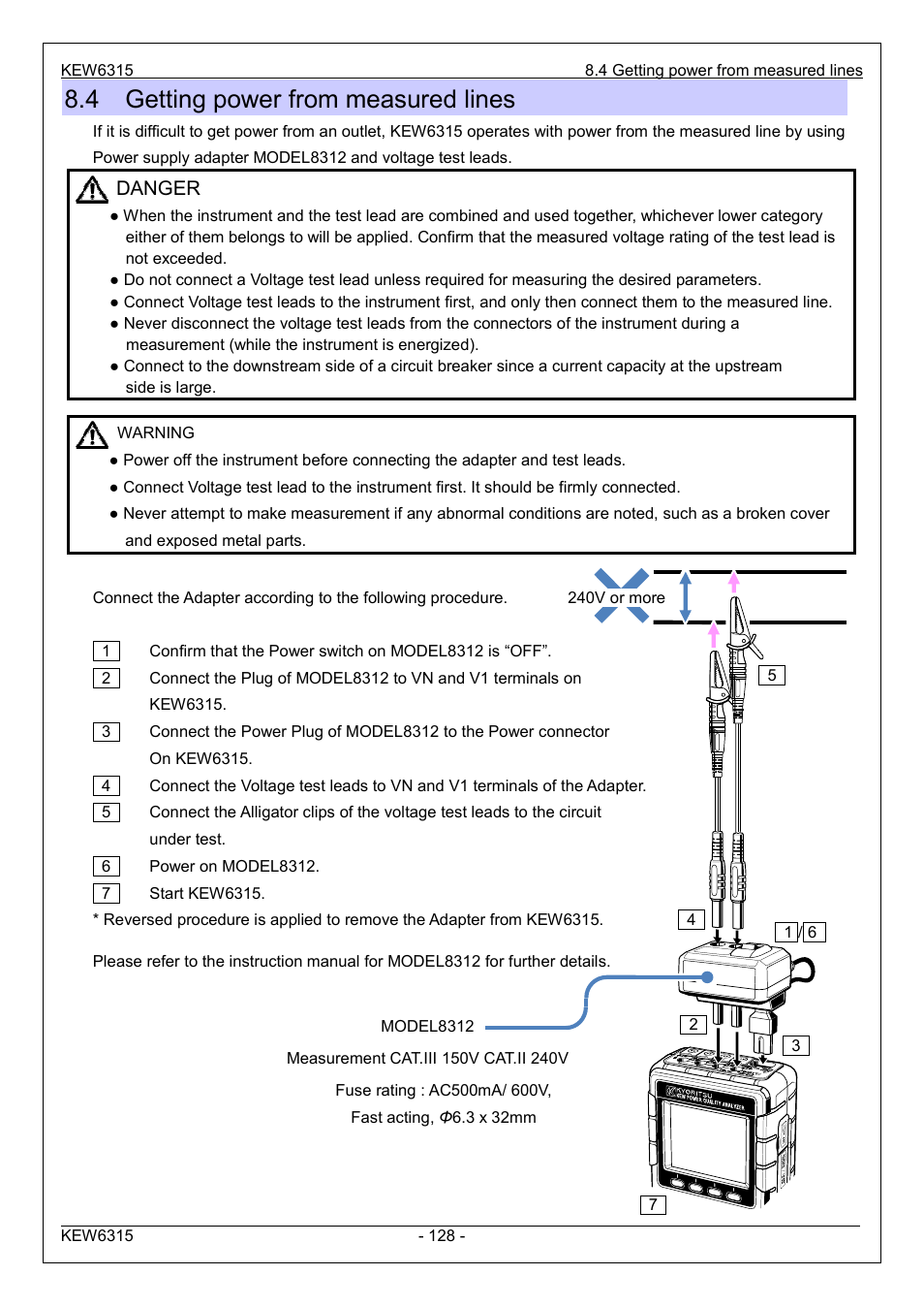 4 getting power from measured lines, Danger | KYORITSU 6315 Instruction Manual User Manual | Page 130 / 163
