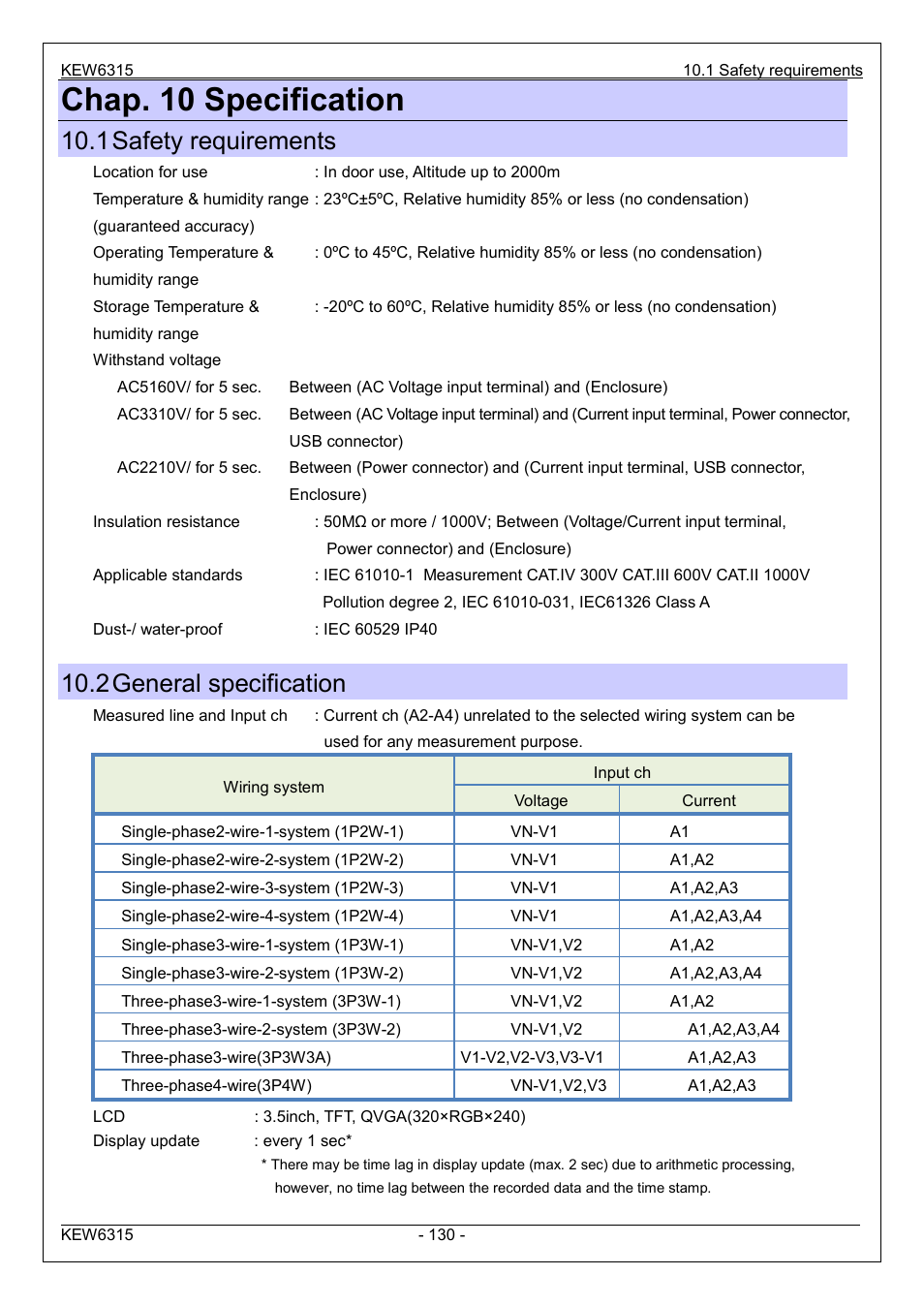 Chap. 10 specification, 1 safety requirements, 2 general specification | KYORITSU 6315 Instruction Manual User Manual | Page 132 / 163