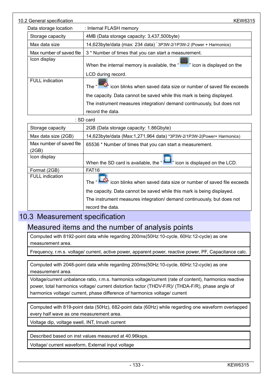 3 measurement specification, Measured items and the number of analysis points | KYORITSU 6315 Instruction Manual User Manual | Page 135 / 163