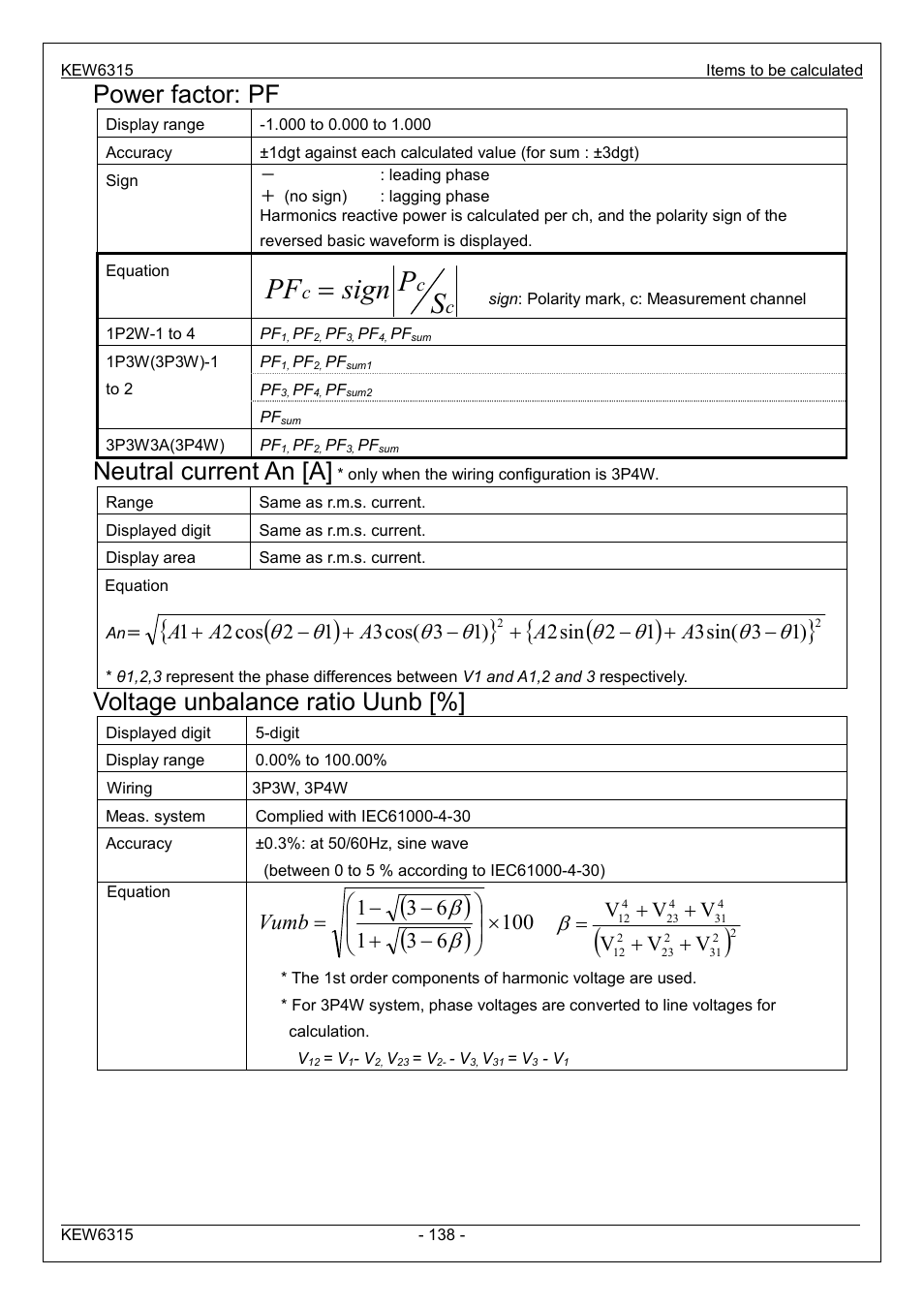 Sp sign pf, Power factor: pf, Neutral current an [a | Voltage unbalance ratio uunb, Vumb | KYORITSU 6315 Instruction Manual User Manual | Page 140 / 163