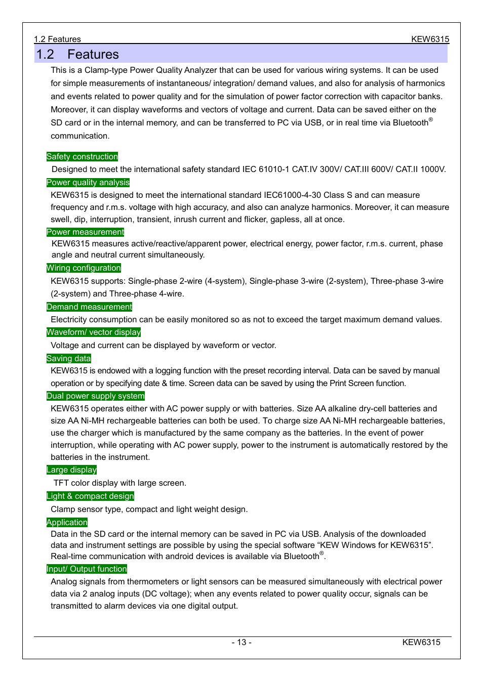 2 features | KYORITSU 6315 Instruction Manual User Manual | Page 15 / 163