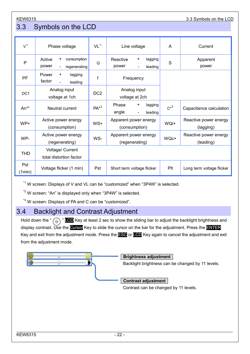 3 symbols on the lcd, 4 backlight and contrast adjustment | KYORITSU 6315 Instruction Manual User Manual | Page 24 / 163