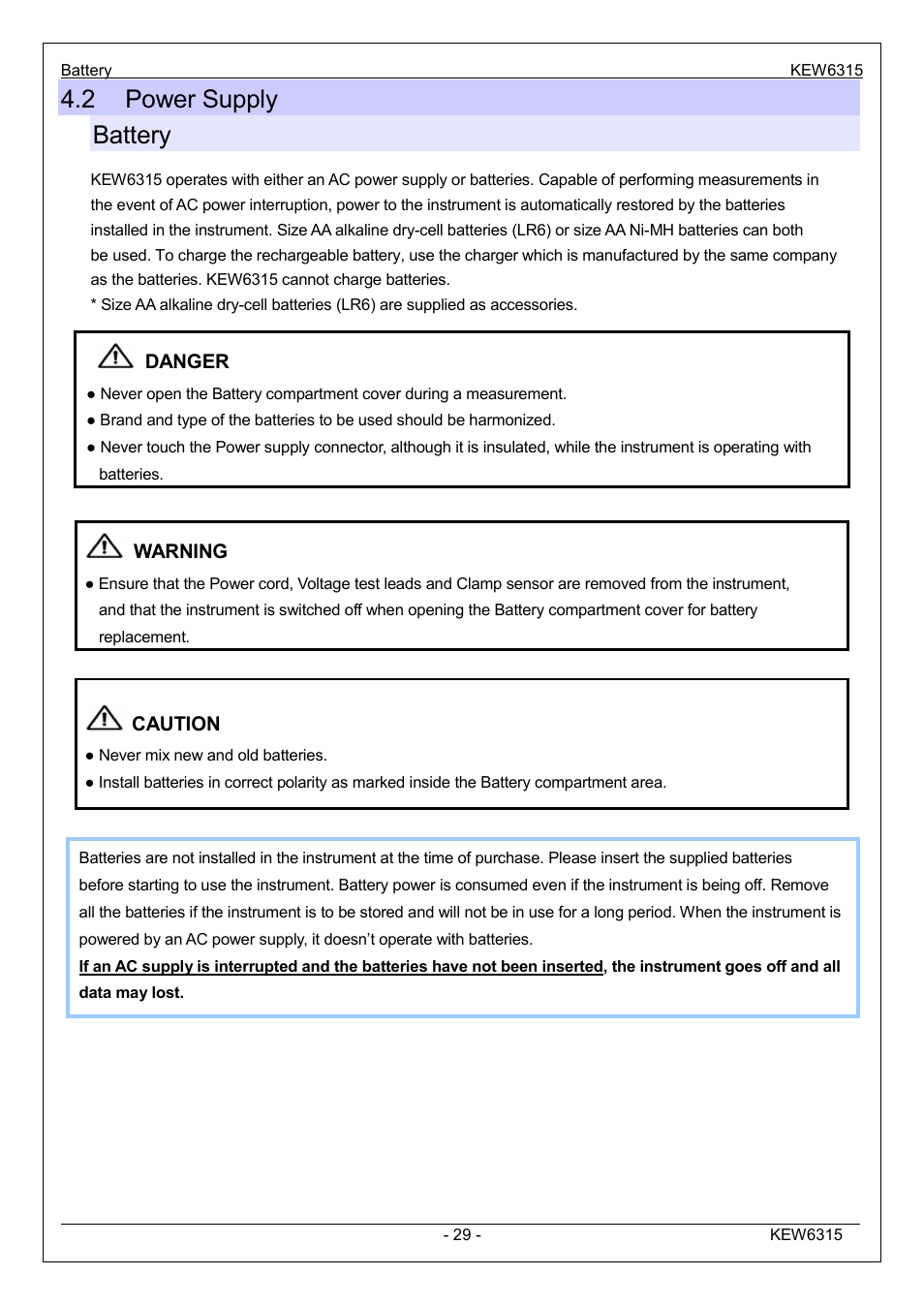 2 power supply battery | KYORITSU 6315 Instruction Manual User Manual | Page 31 / 163
