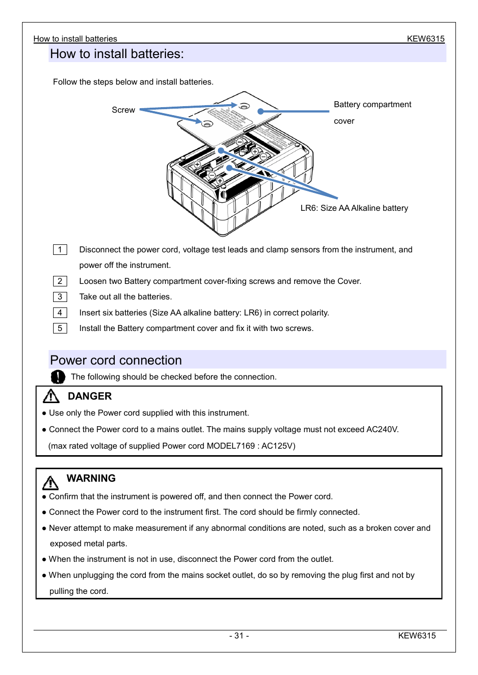 How to install batteries, Power cord connection | KYORITSU 6315 Instruction Manual User Manual | Page 33 / 163