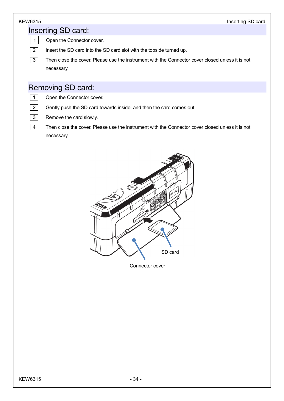 Inserting sd card, Removing sd card | KYORITSU 6315 Instruction Manual User Manual | Page 36 / 163