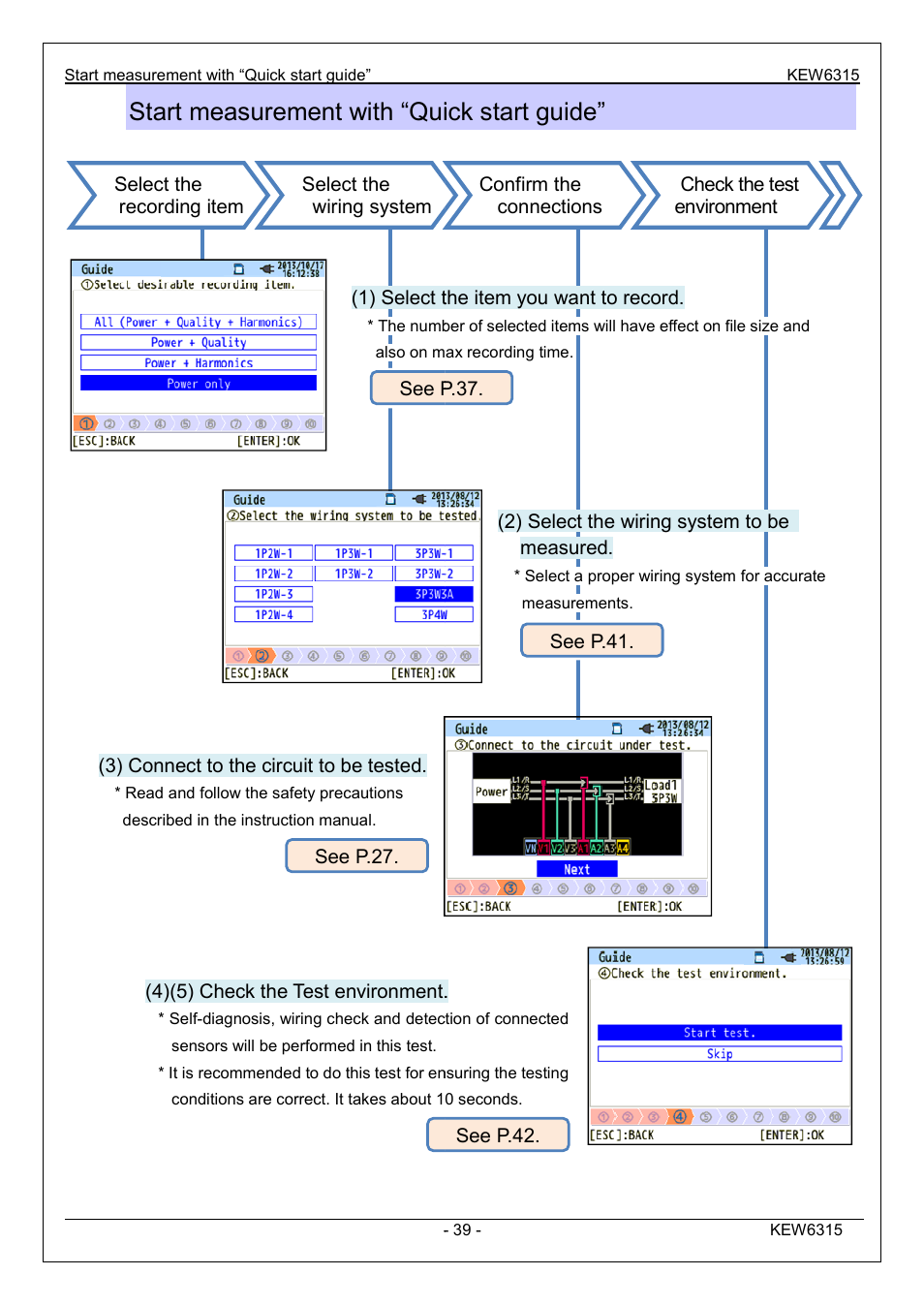 Start measurement with “quick start guide, With “quick start guide | KYORITSU 6315 Instruction Manual User Manual | Page 41 / 163