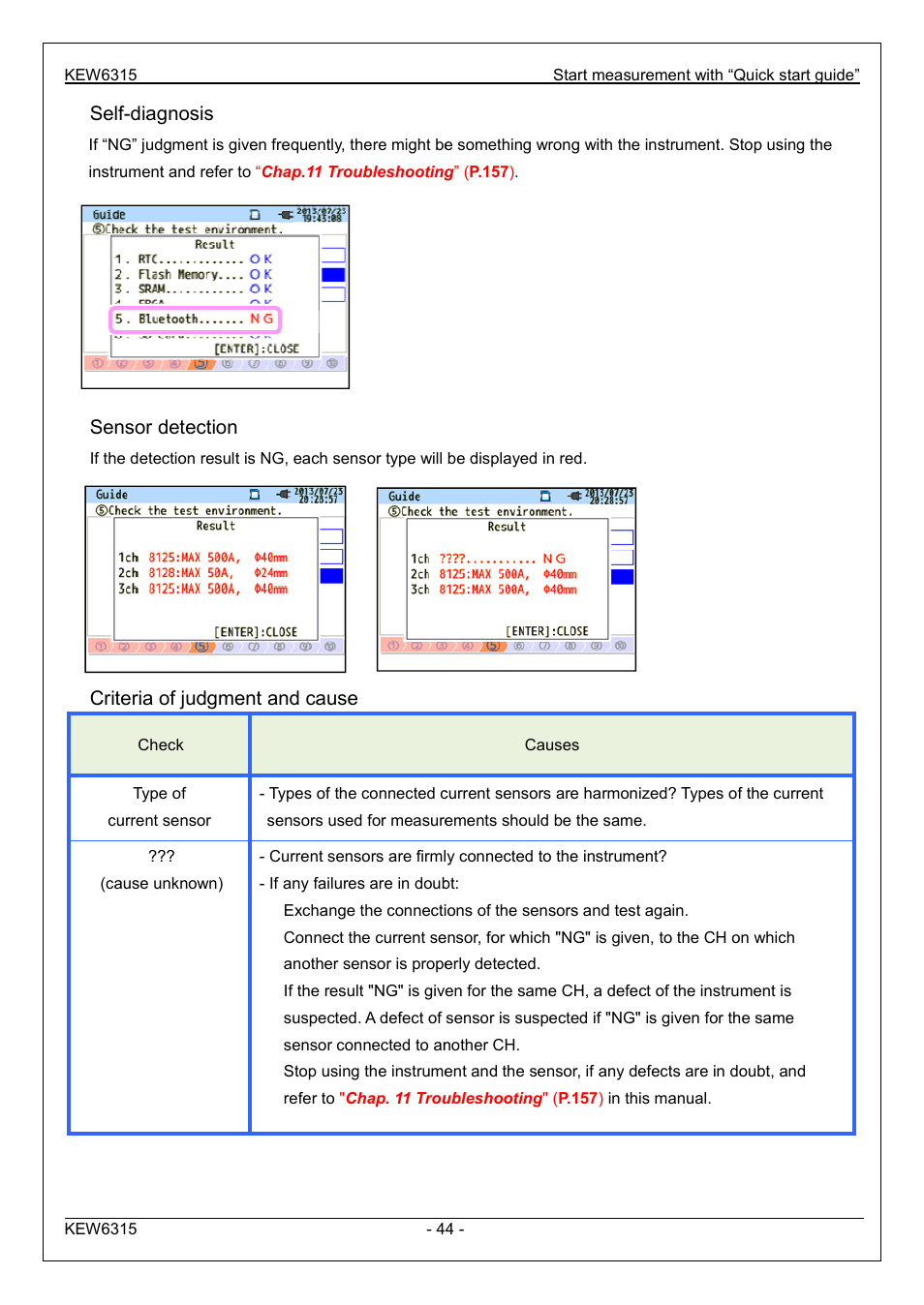 Self-diagnosis, Sensor detection, Criteria of judgment and cause | KYORITSU 6315 Instruction Manual User Manual | Page 46 / 163