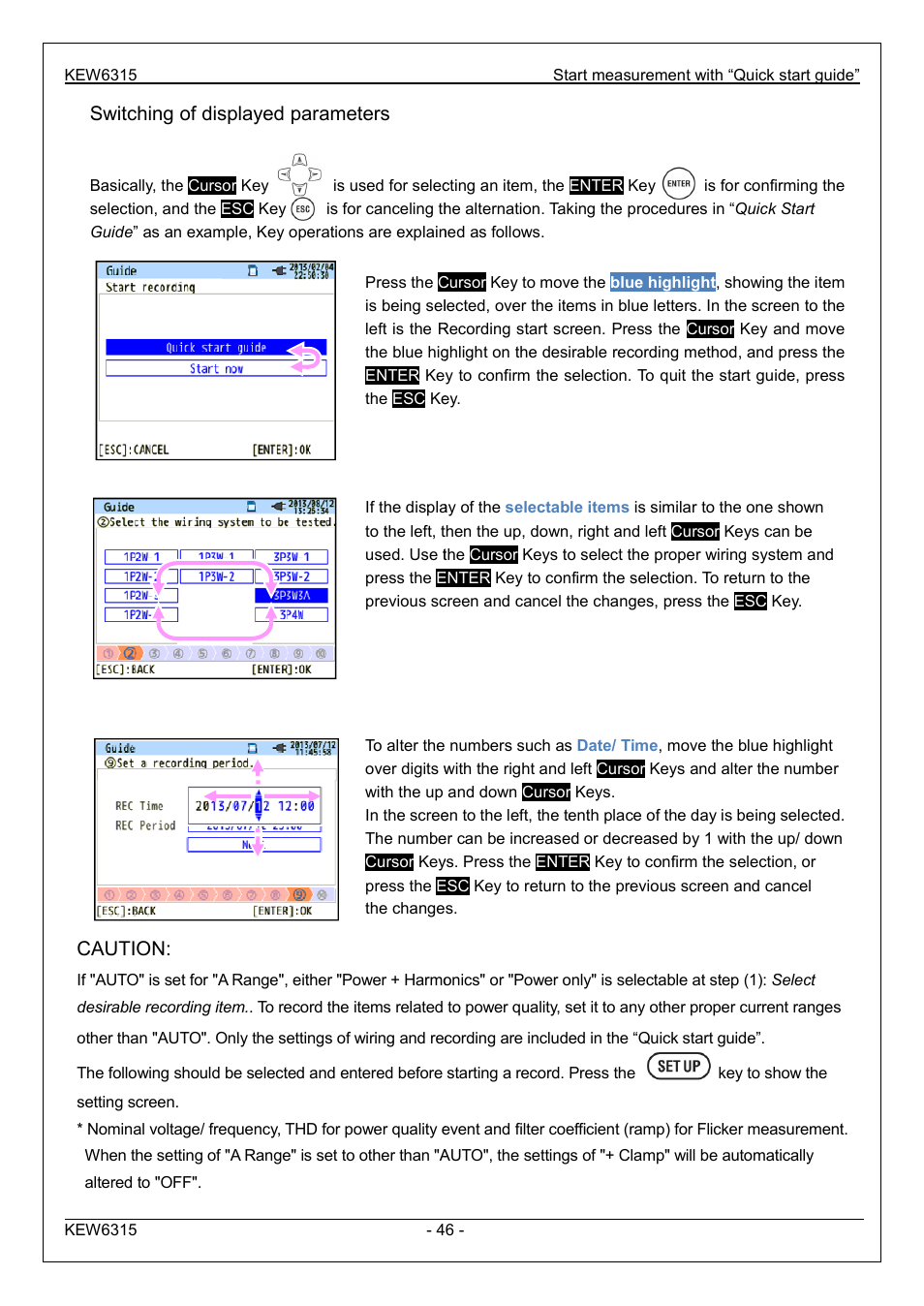 Switching of displayed parameters, Caution | KYORITSU 6315 Instruction Manual User Manual | Page 48 / 163