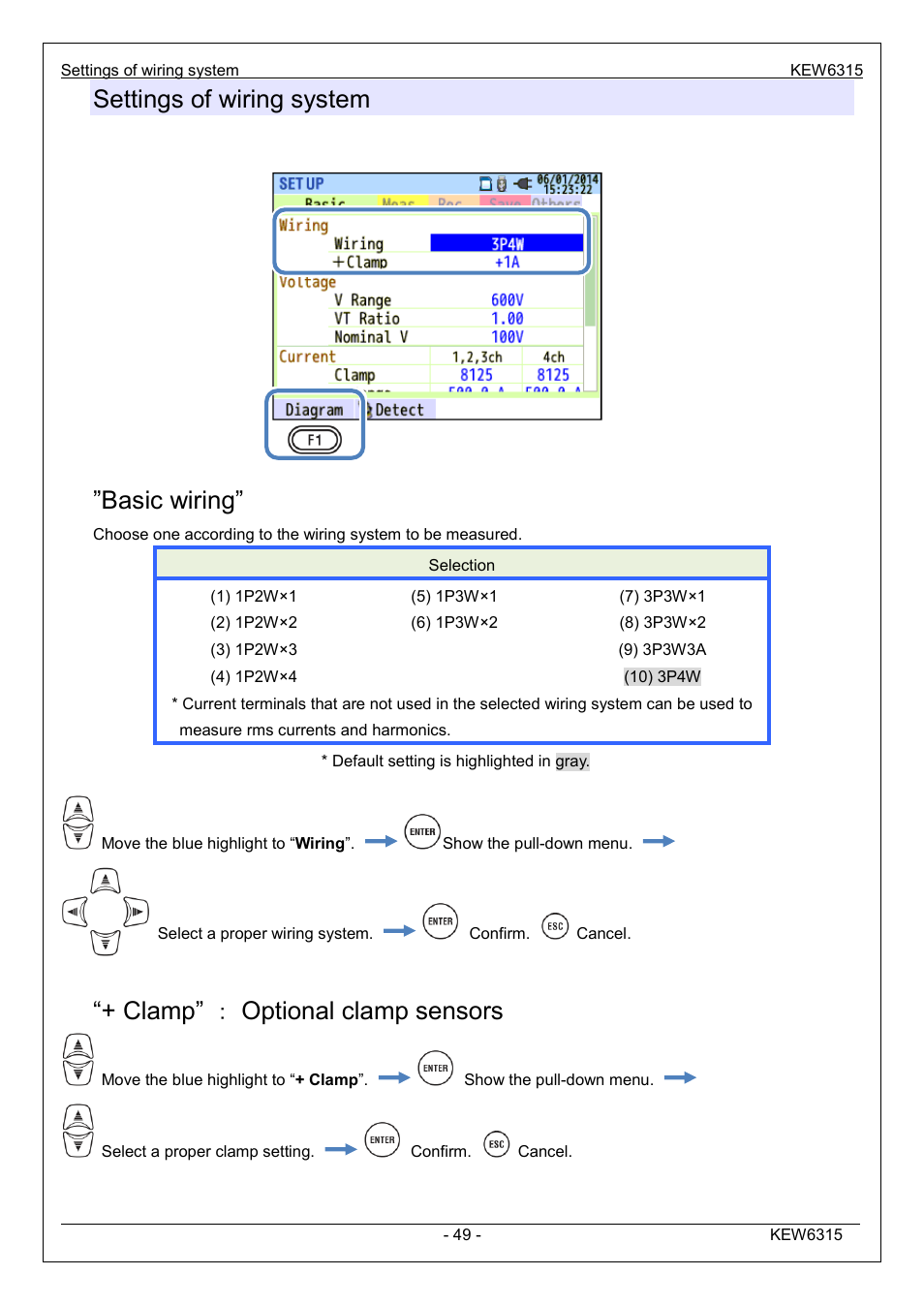 Settings of wiring system, Basic wiring, Clamp” ： optional clamp sensors | KYORITSU 6315 Instruction Manual User Manual | Page 51 / 163