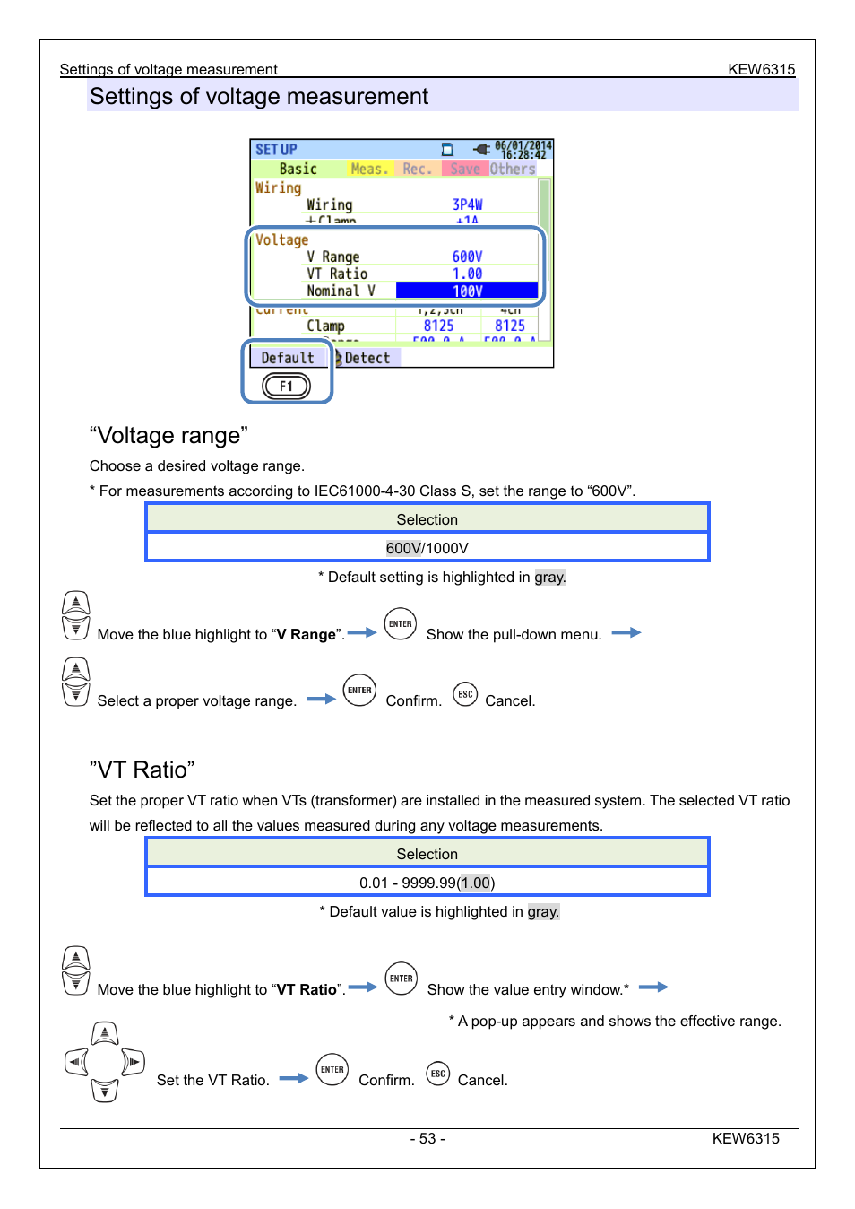 Settings of voltage measurement, Voltage range, Vt ratio | KYORITSU 6315 Instruction Manual User Manual | Page 55 / 163