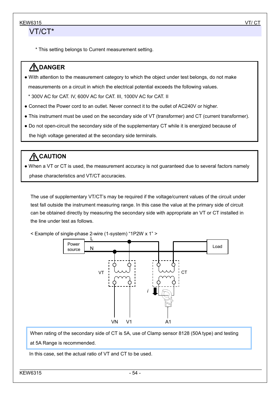 Vt/ct, Danger, Caution | KYORITSU 6315 Instruction Manual User Manual | Page 56 / 163
