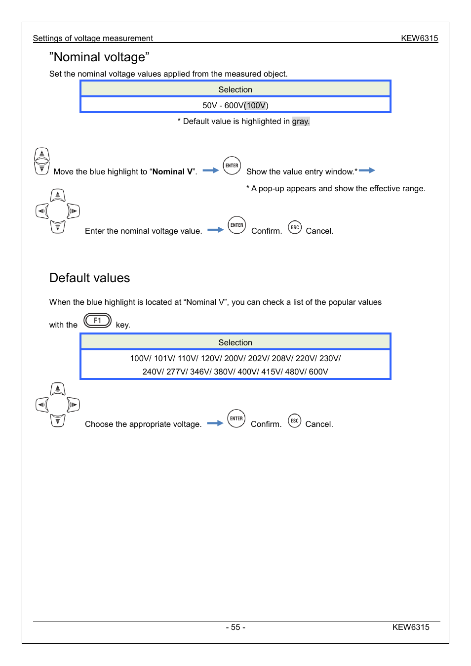 Nominal voltage, Default values | KYORITSU 6315 Instruction Manual User Manual | Page 57 / 163