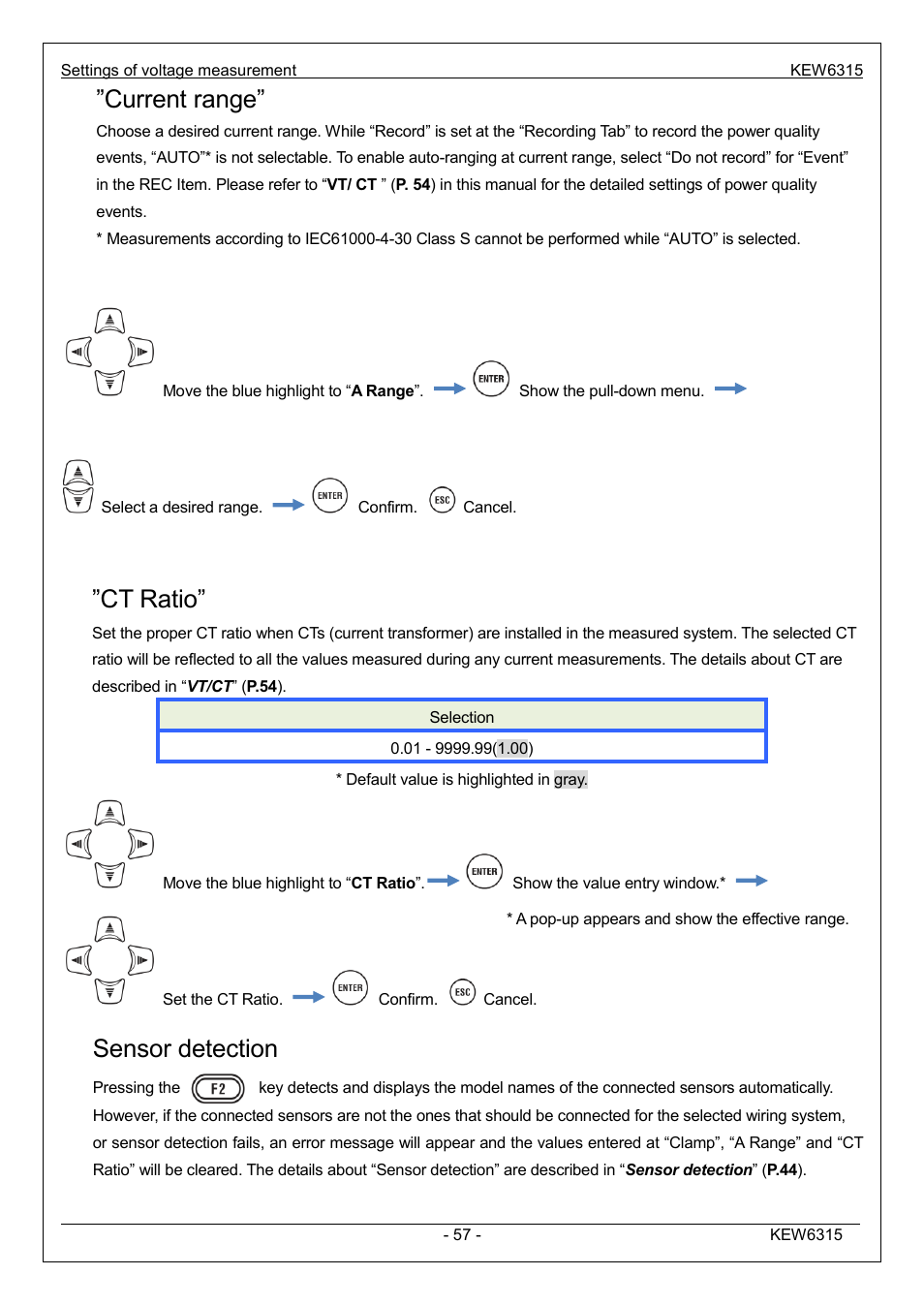 Current range, Ct ratio, Sensor detection | KYORITSU 6315 Instruction Manual User Manual | Page 59 / 163