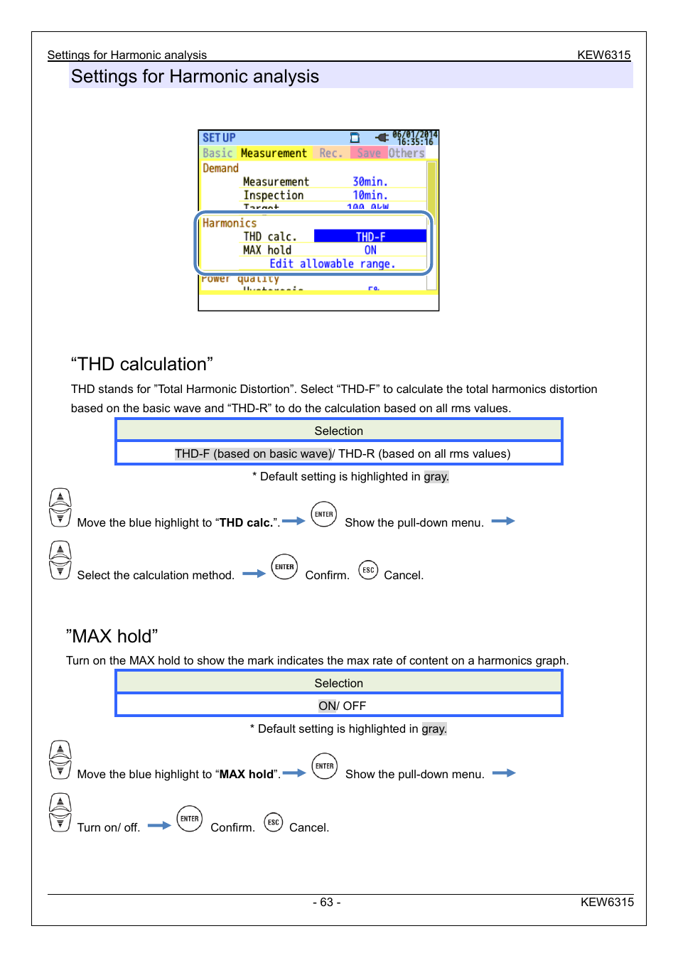 Settings for harmonic analysis, Thd calculation, Max hold | KYORITSU 6315 Instruction Manual User Manual | Page 65 / 163