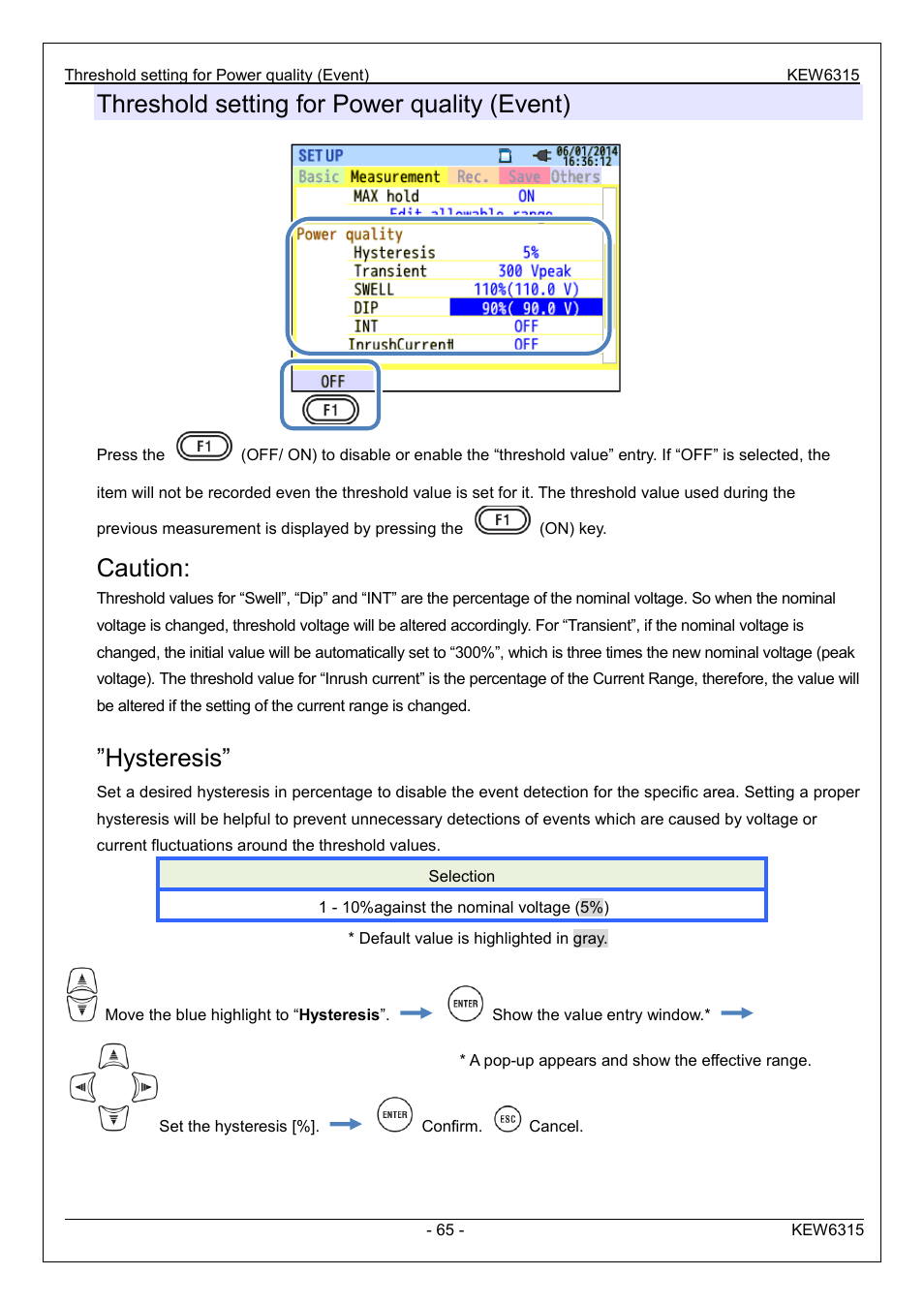 Threshold setting for power quality (event), Caution, Hysteresis | KYORITSU 6315 Instruction Manual User Manual | Page 67 / 163