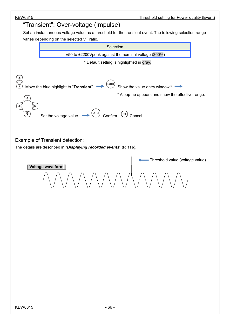Transient”: over-voltage (impulse), Example of transient detection | KYORITSU 6315 Instruction Manual User Manual | Page 68 / 163