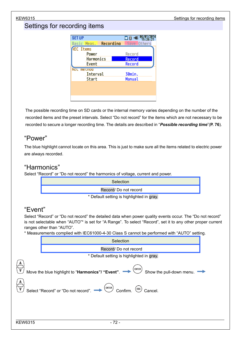 Settings for recording items, Power, Harmonics | Event | KYORITSU 6315 Instruction Manual User Manual | Page 74 / 163