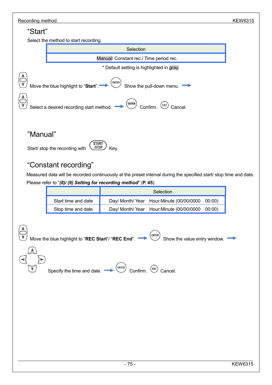 Start, Manual, Constant recording | KYORITSU 6315 Instruction Manual User Manual | Page 77 / 163