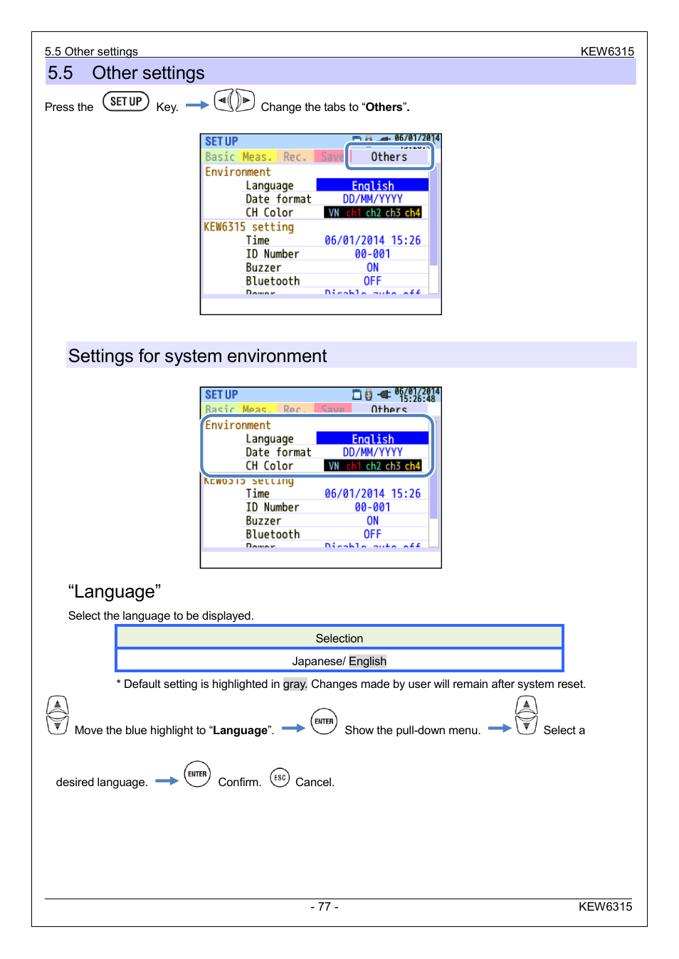 5 other settings, Settings for system environment, Language | KYORITSU 6315 Instruction Manual User Manual | Page 79 / 163
