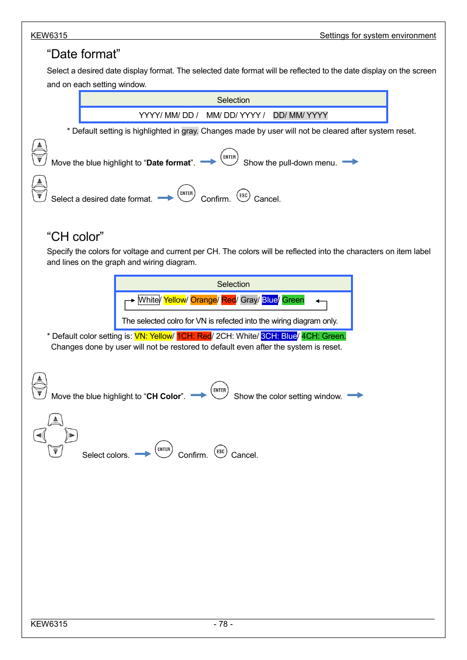 Date format, Ch color | KYORITSU 6315 Instruction Manual User Manual | Page 80 / 163