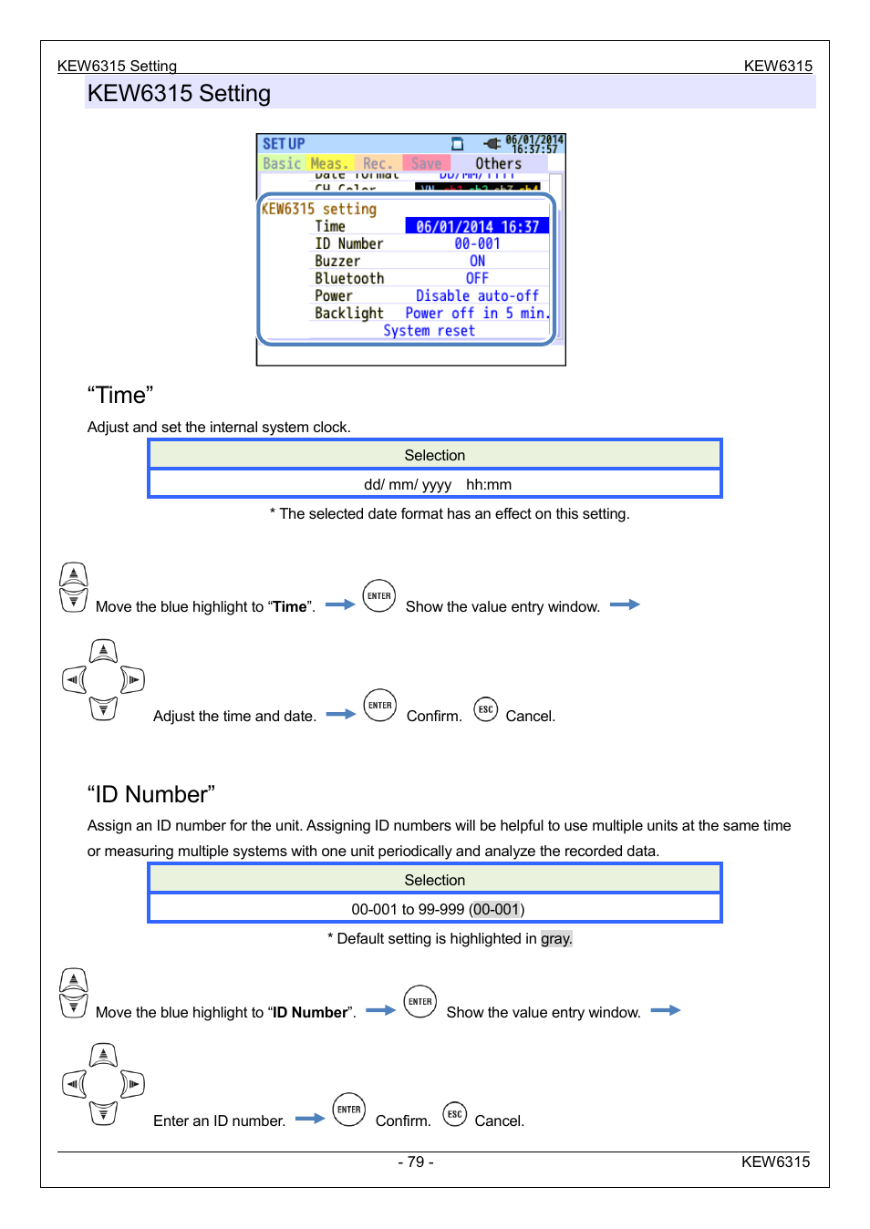 Kew6315 setting, Time, Id number | KYORITSU 6315 Instruction Manual User Manual | Page 81 / 163