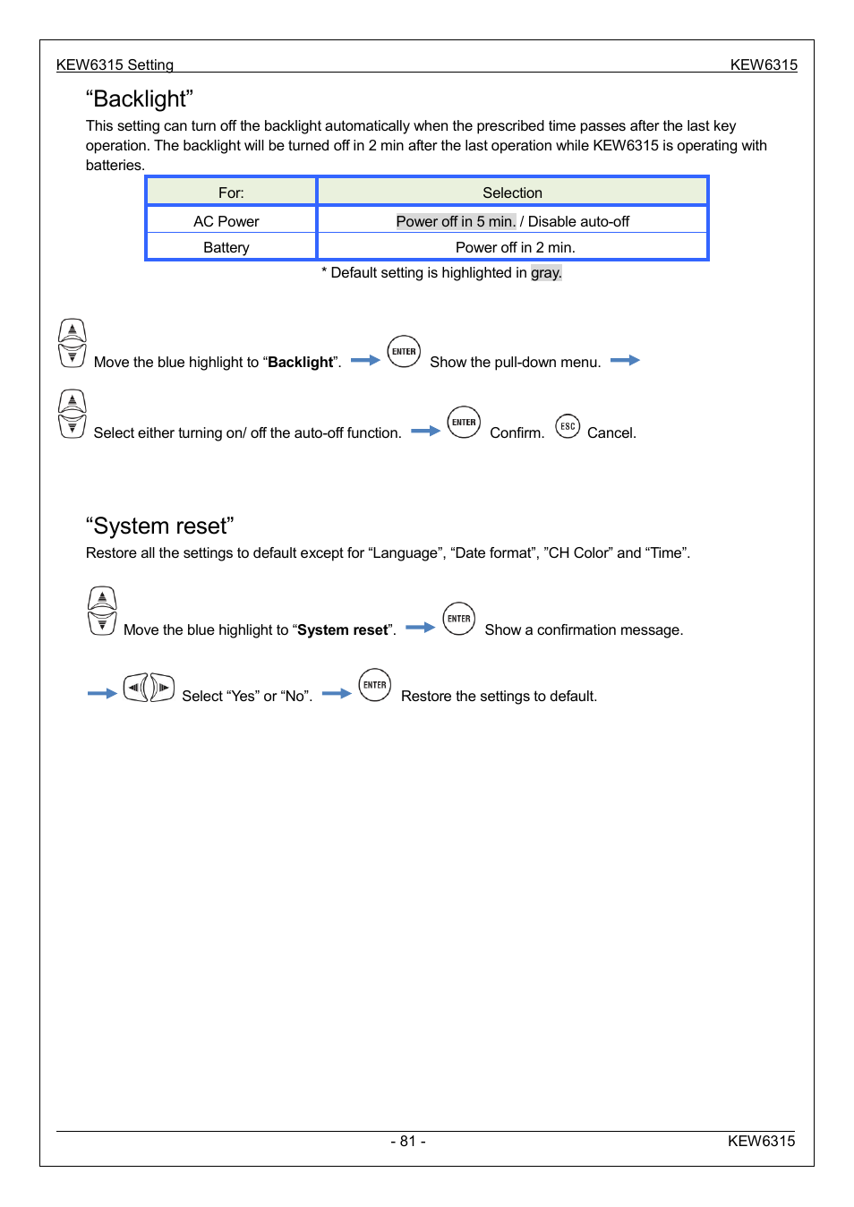 Backlight, System reset | KYORITSU 6315 Instruction Manual User Manual | Page 83 / 163