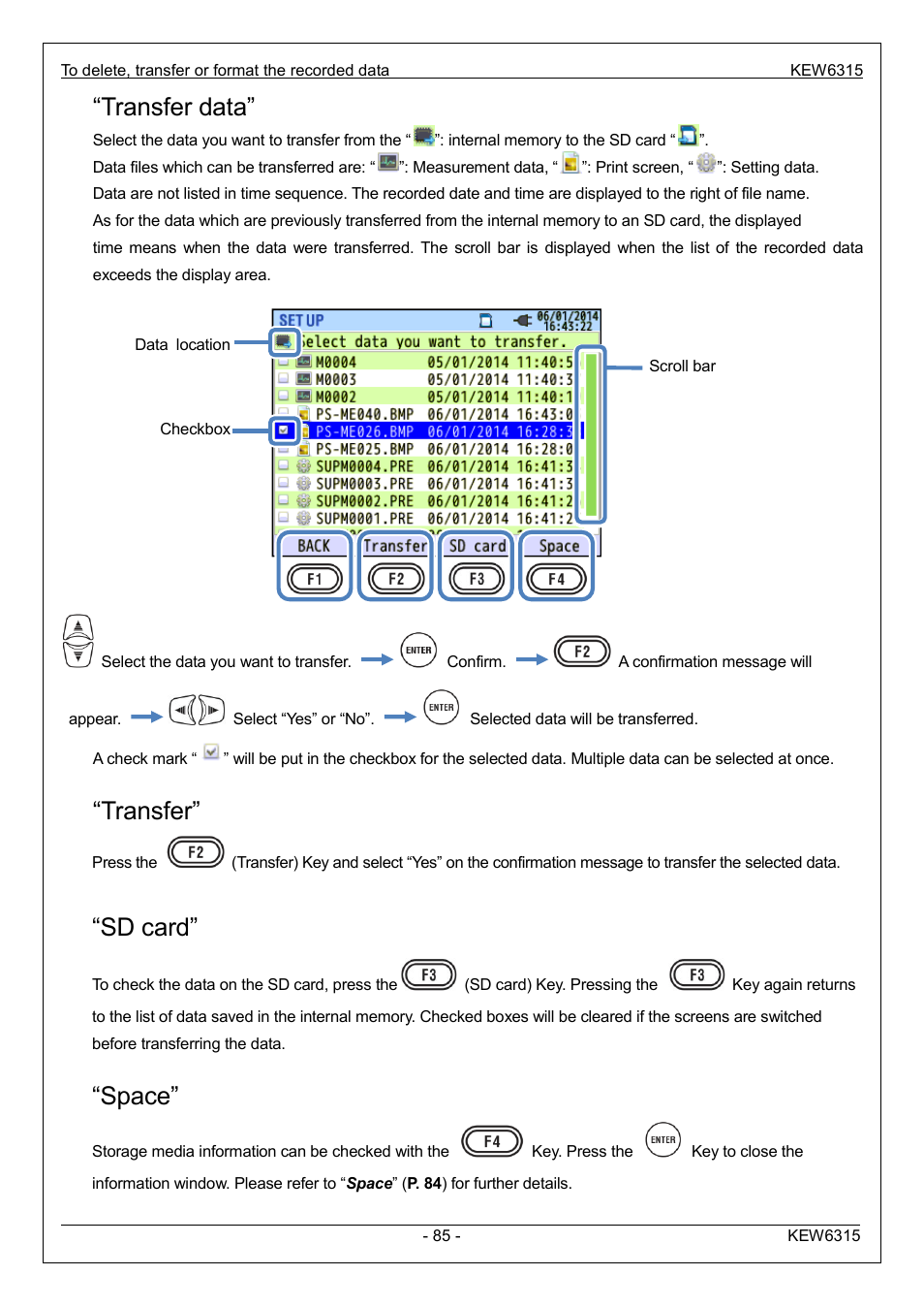 Transfer data, Transfer, Sd card | Space | KYORITSU 6315 Instruction Manual User Manual | Page 87 / 163