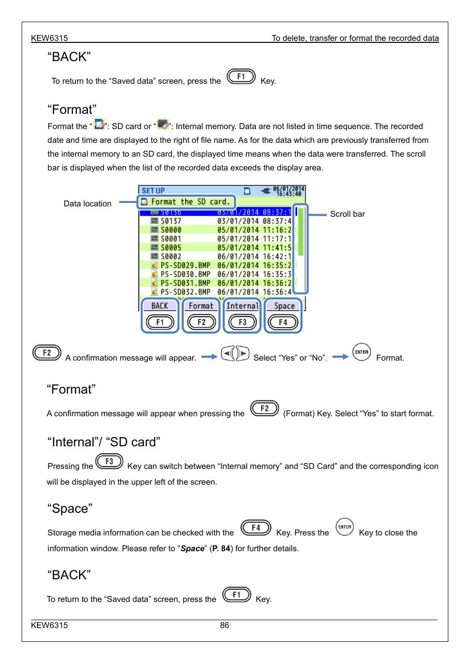 Back, Format, Internal”/ “sd card | Space | KYORITSU 6315 Instruction Manual User Manual | Page 88 / 163