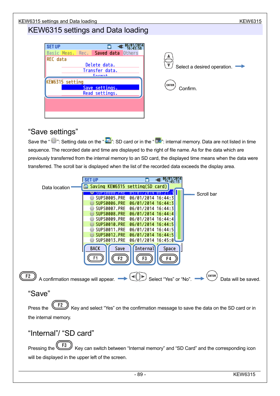 Kew6315 settings and data loading, Save settings, Save | Internal”/ “sd card | KYORITSU 6315 Instruction Manual User Manual | Page 91 / 163