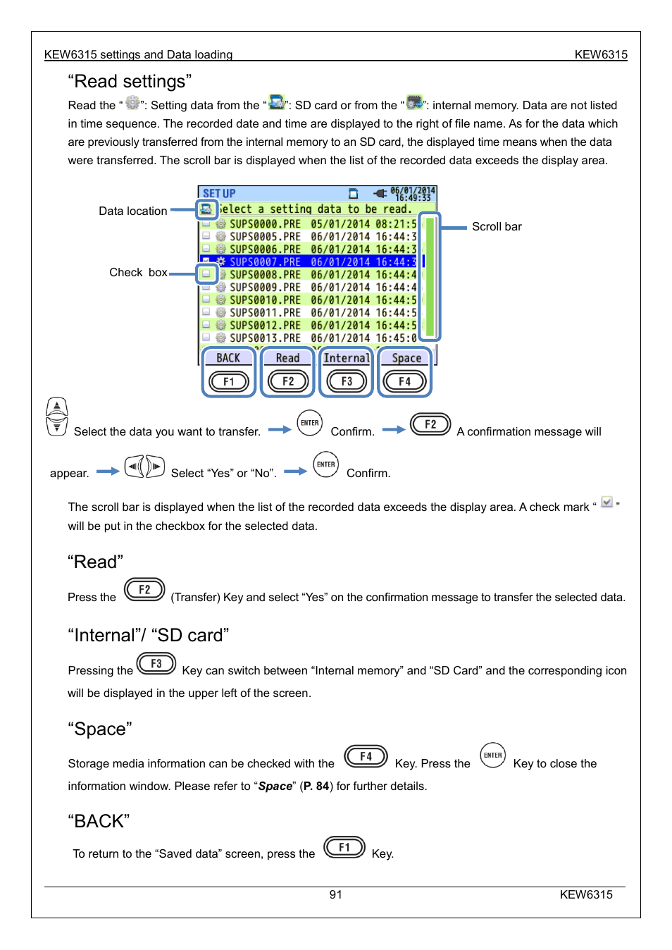 Read settings, Read, Internal”/ “sd card | Space, Back | KYORITSU 6315 Instruction Manual User Manual | Page 93 / 163