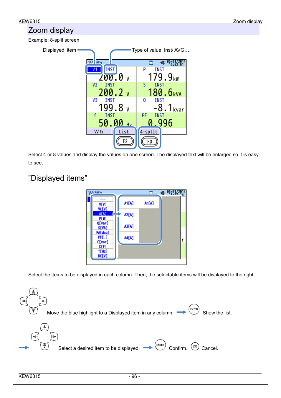 Zoom display, Displayed items | KYORITSU 6315 Instruction Manual User Manual | Page 98 / 163