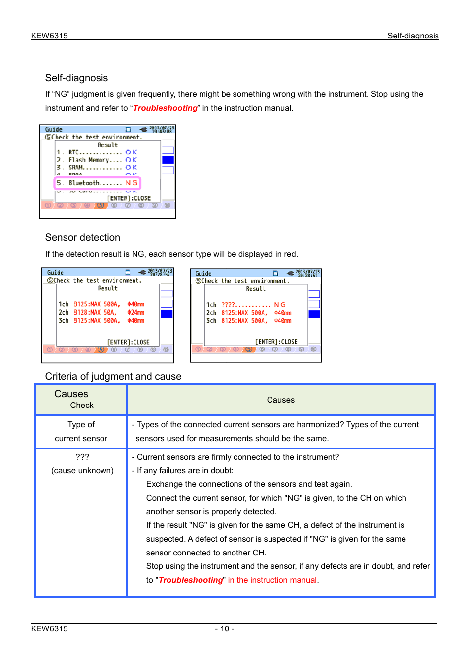 Self-diagnosis, Sensor detection, Criteria of judgment and cause | Causes | KYORITSU 6315 Quick Manual User Manual | Page 12 / 45