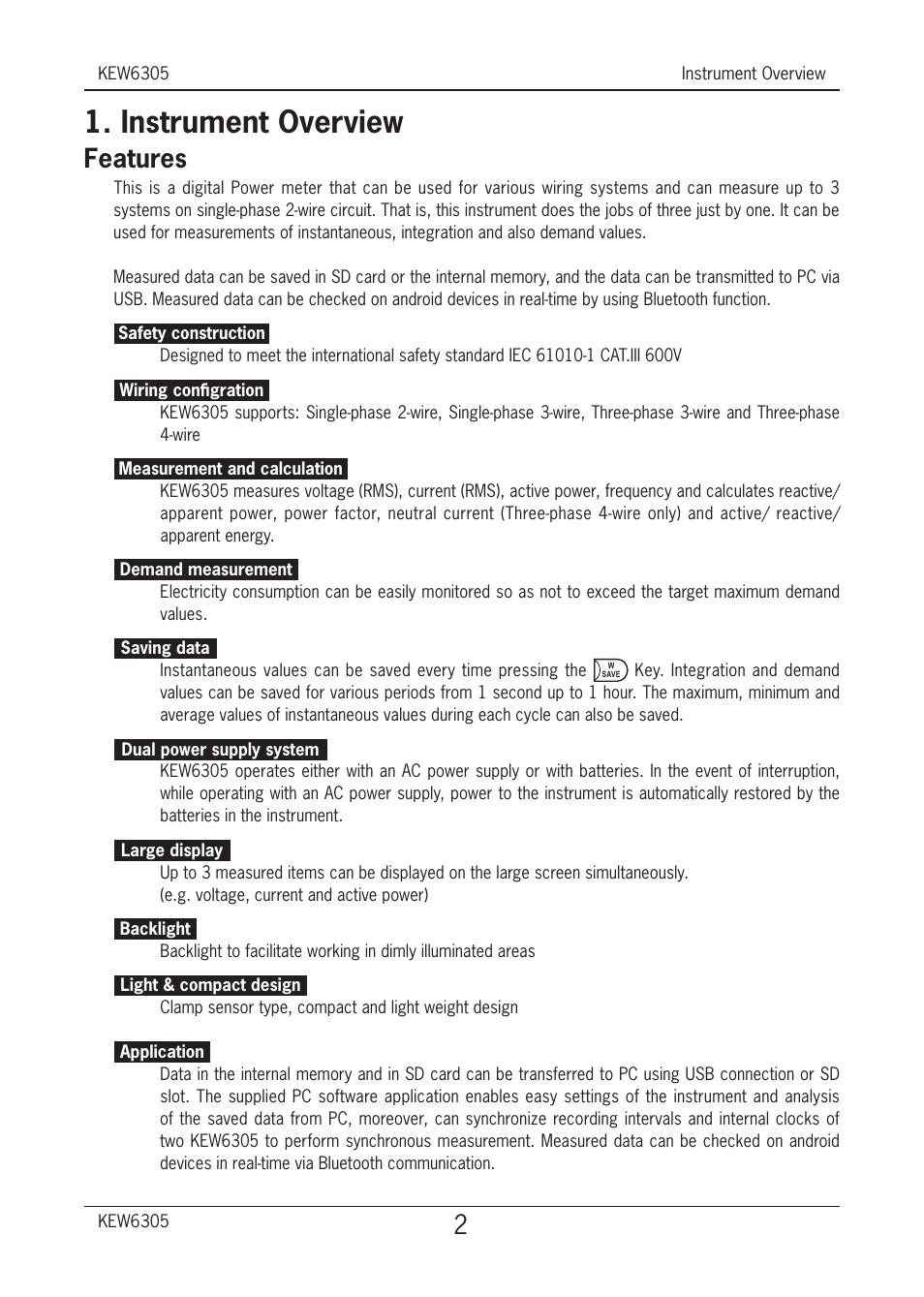 Instrument overview, Features | KYORITSU 6305 Quick Manual User Manual | Page 3 / 32