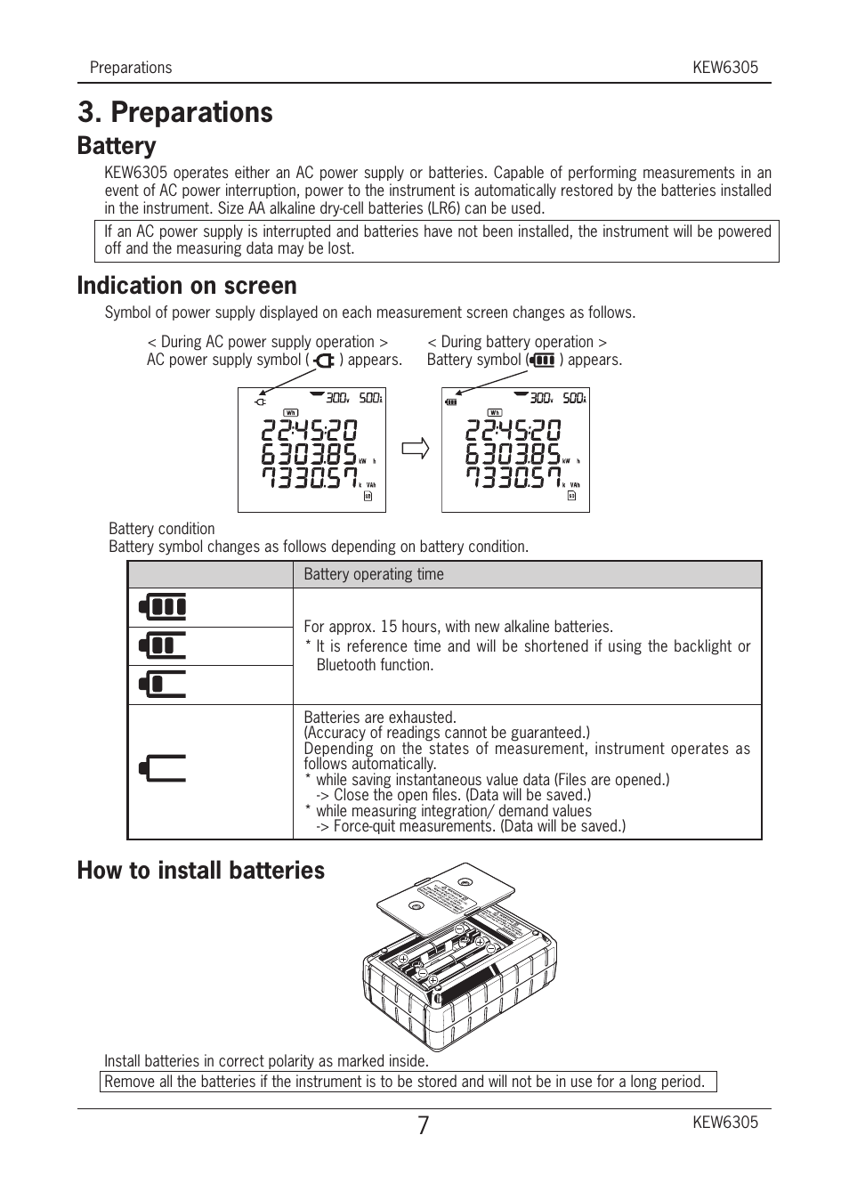 Preparations, Battery, Indication on screen | How to install batteries | KYORITSU 6305 Quick Manual User Manual | Page 8 / 32