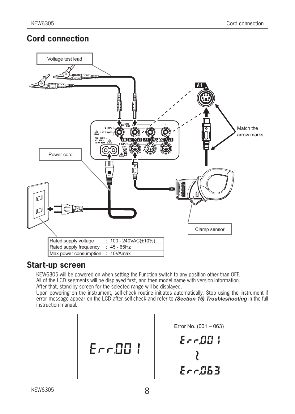 Cord connection start-up screen | KYORITSU 6305 Quick Manual User Manual | Page 9 / 32
