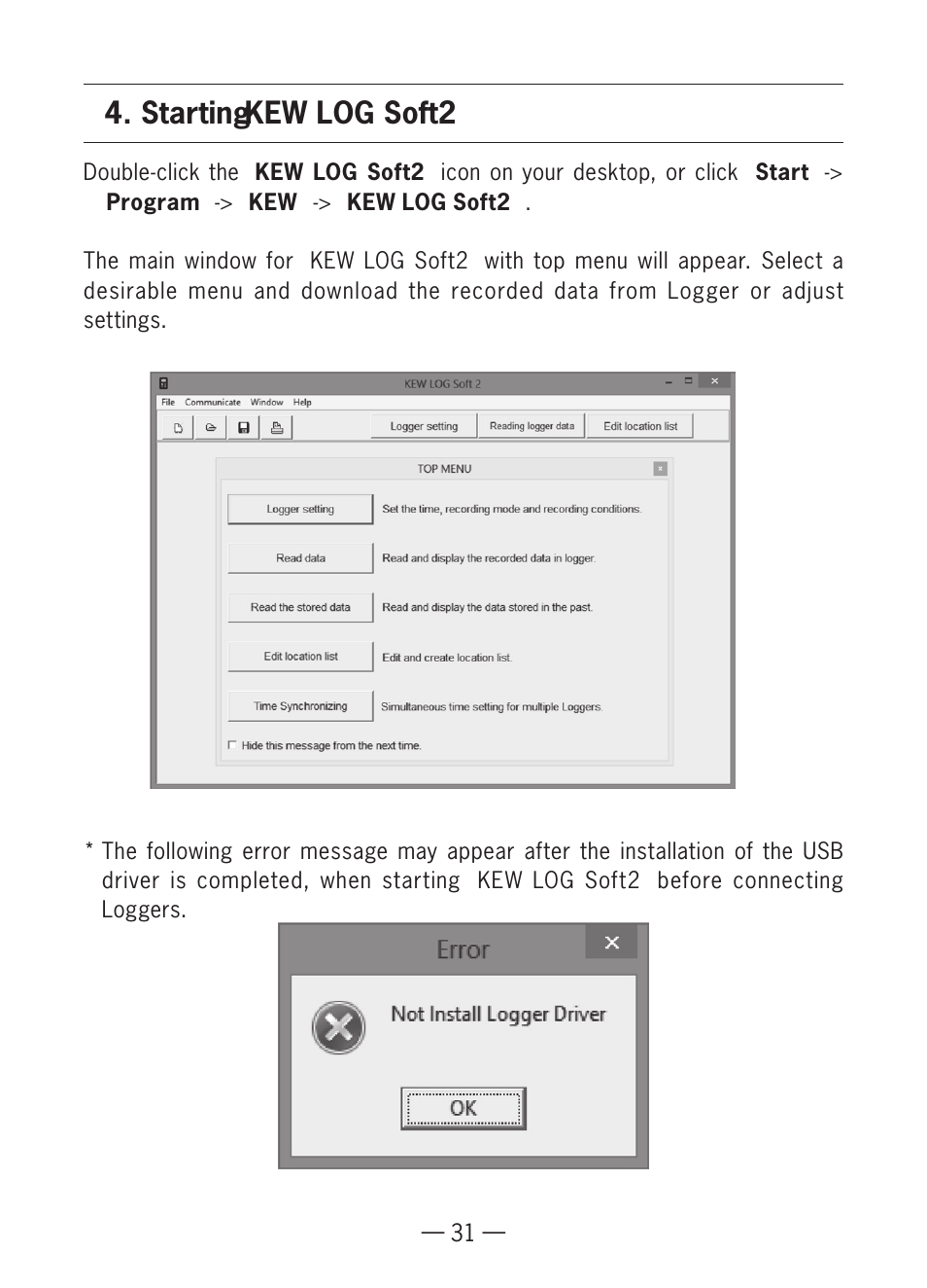 Starting “ kew log soft2 | KYORITSU KEW LOG Soft2 Windows Vista/7/8 User Manual | Page 11 / 22