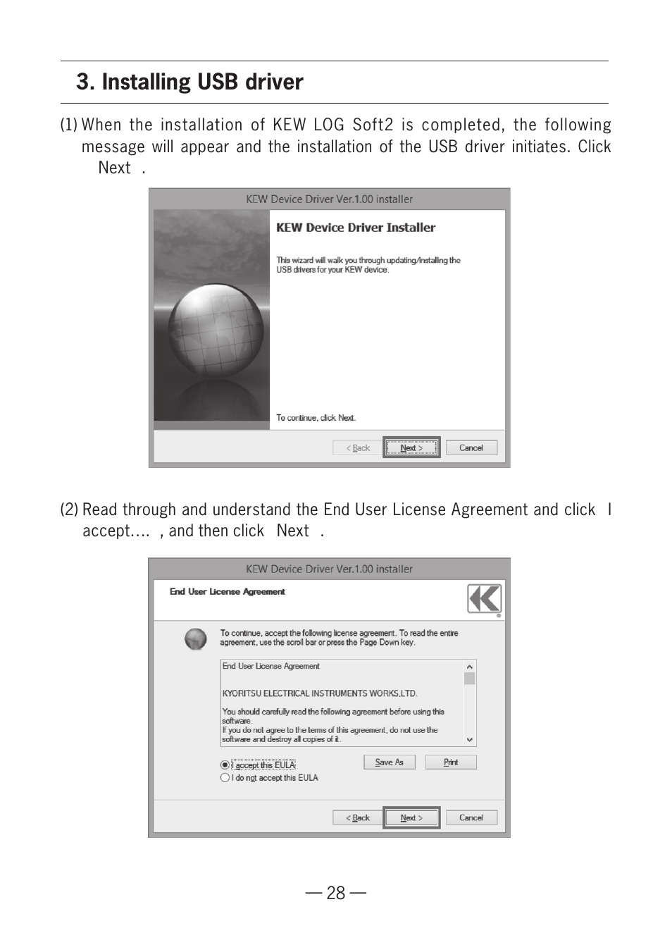 Installing usb driver | KYORITSU KEW LOG Soft2 Windows Vista/7/8 User Manual | Page 8 / 22