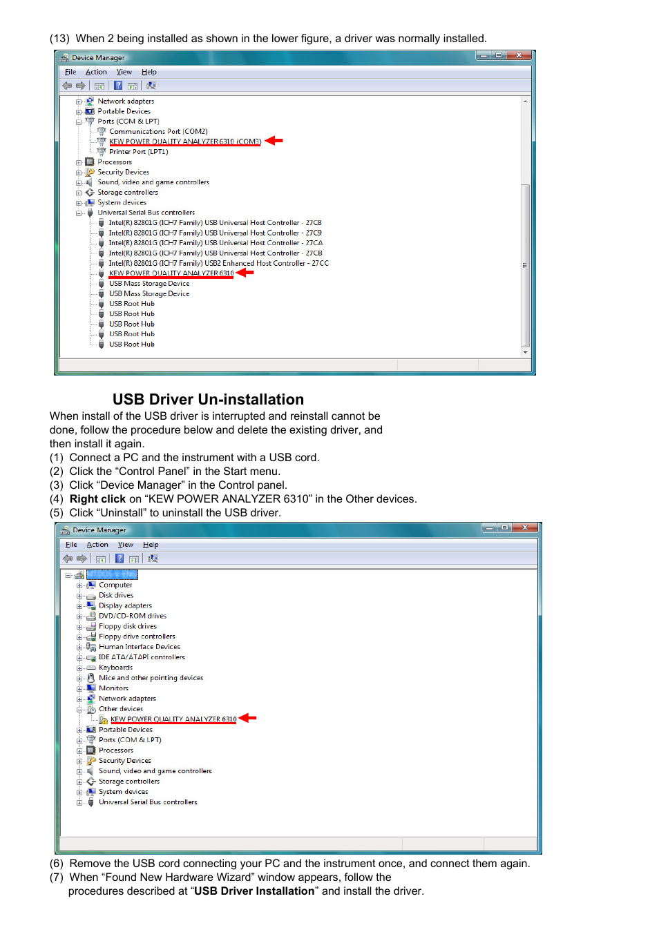 Usb driver un-installation | KYORITSU KEW PQA MASTER Windows Vista User Manual | Page 6 / 6