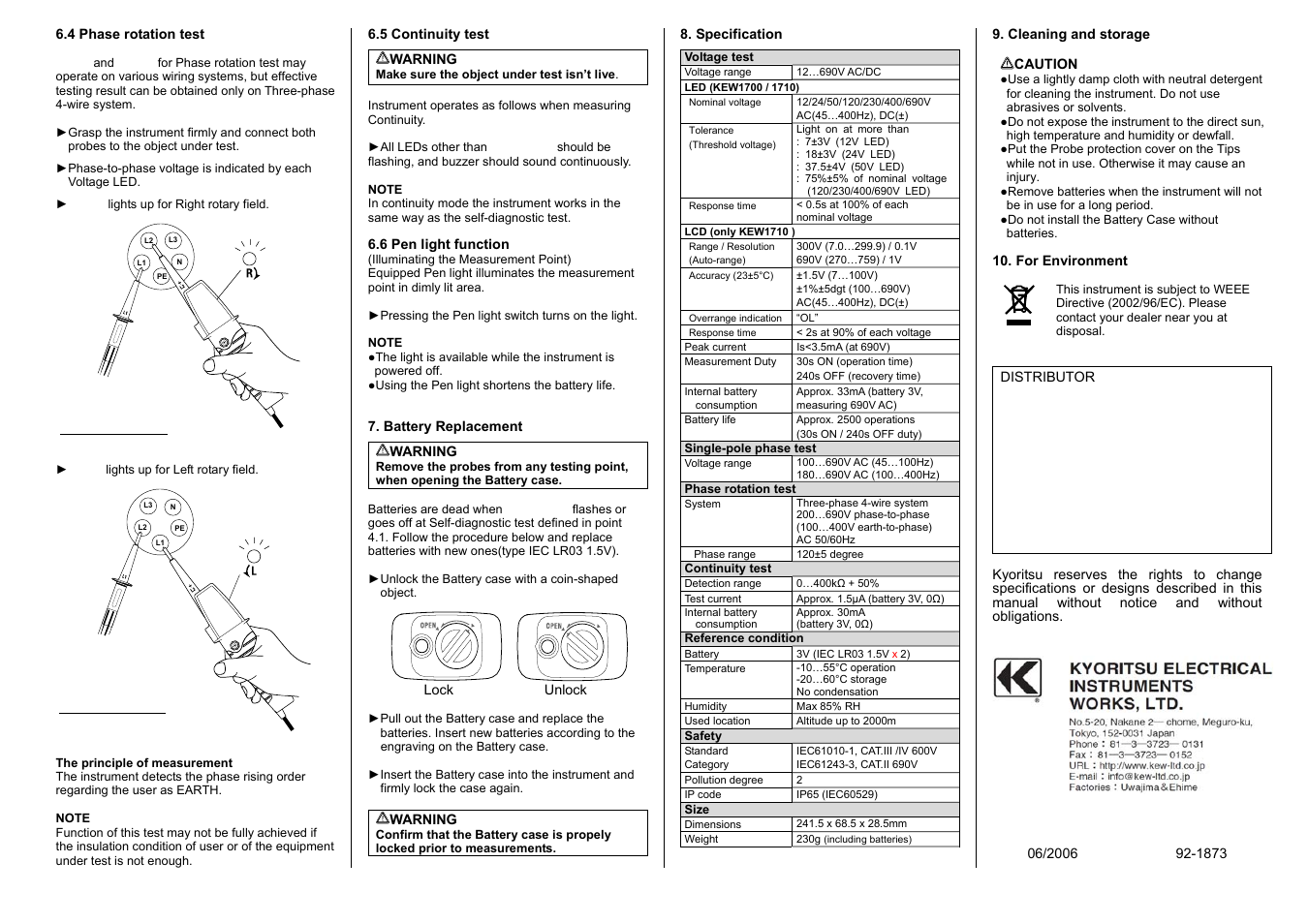 Note, Battery life, Approx. 2500 operations | Single-pole phase test | KYORITSU 1710 User Manual | Page 3 / 3