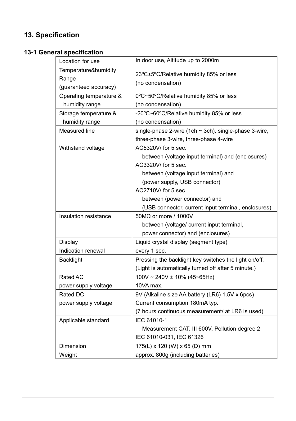 Specification, 1 general specification | KYORITSU 6300 Instruction Manual User Manual | Page 140 / 152