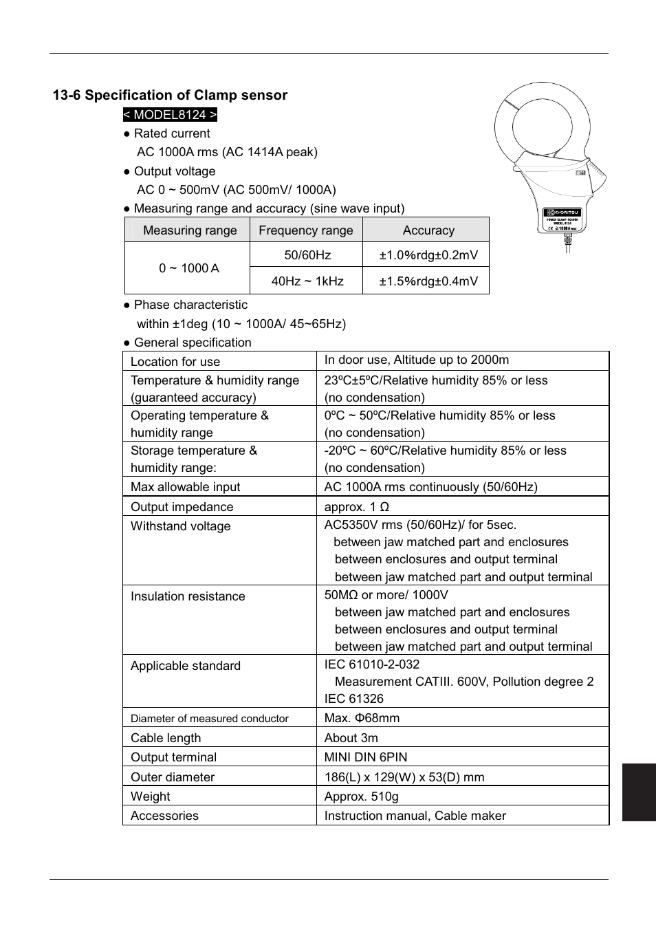 6 specification of clamp sensor | KYORITSU 6300 Instruction Manual User Manual | Page 147 / 152
