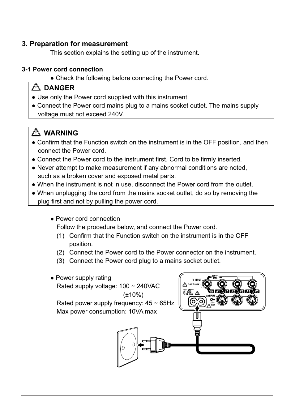 Preparation for measurement, 1 power cord connection | KYORITSU 6300 Instruction Manual User Manual | Page 21 / 152