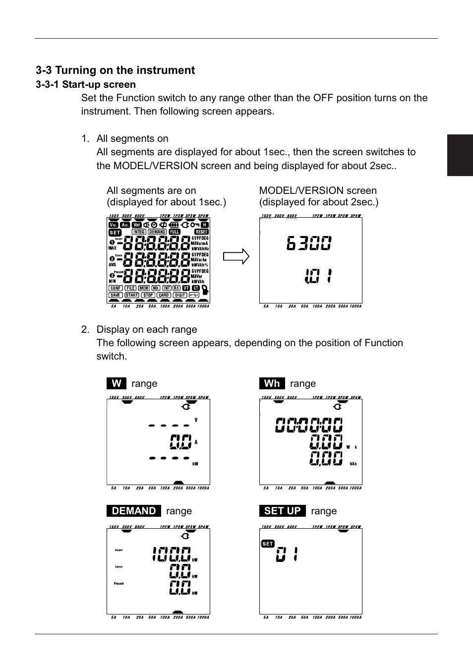 3 turning on the instrument, 3-1 start-up screen, Model6300 | KYORITSU 6300 Instruction Manual User Manual | Page 24 / 152