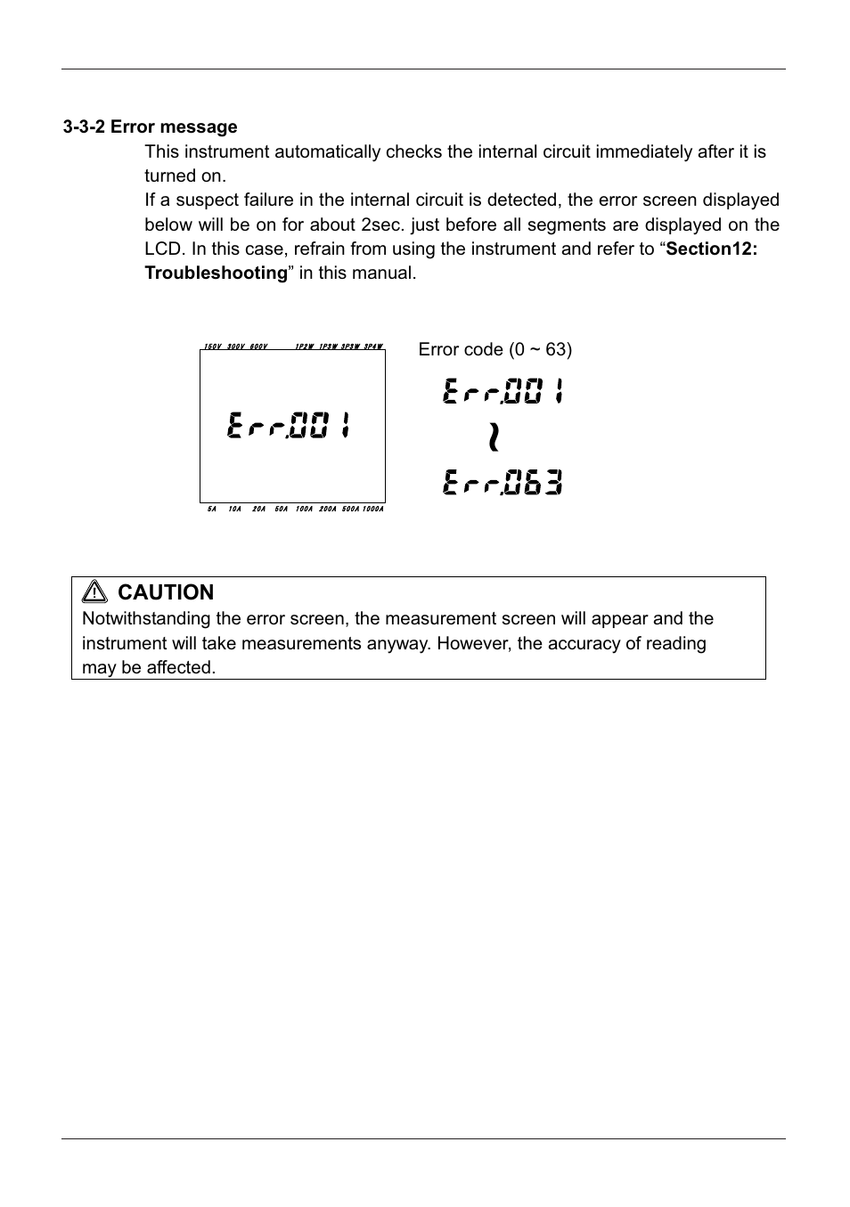 3-2 error message, Caution, Error code (0 ~ 63) | KYORITSU 6300 Instruction Manual User Manual | Page 25 / 152