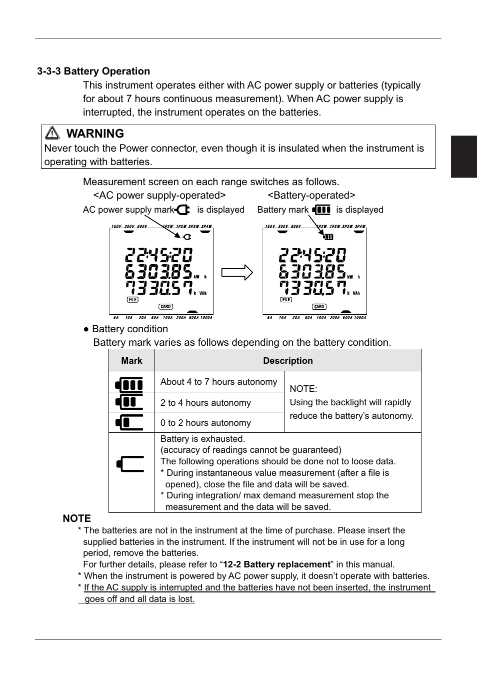 3-3 battery operation, Warning | KYORITSU 6300 Instruction Manual User Manual | Page 26 / 152