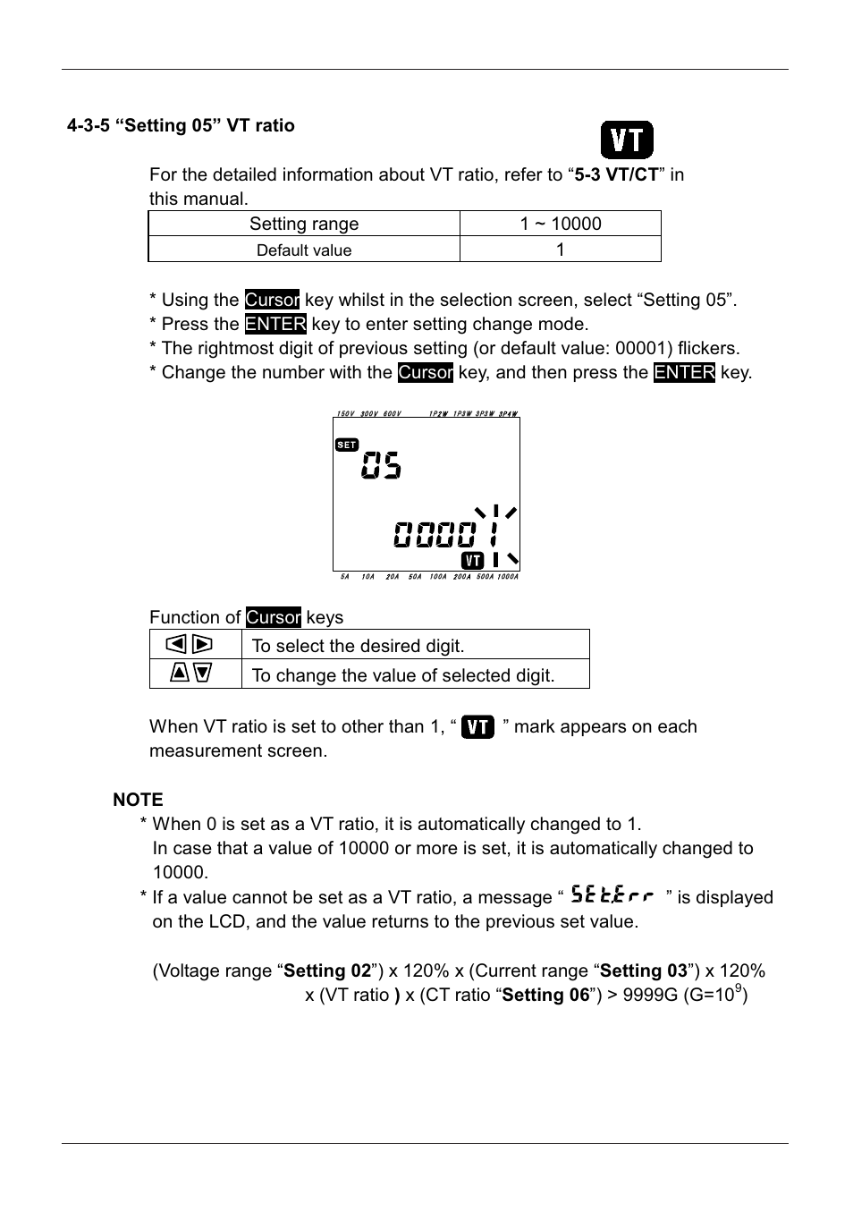 3-5 “setting 05” vt ratio, Default value | KYORITSU 6300 Instruction Manual User Manual | Page 35 / 152