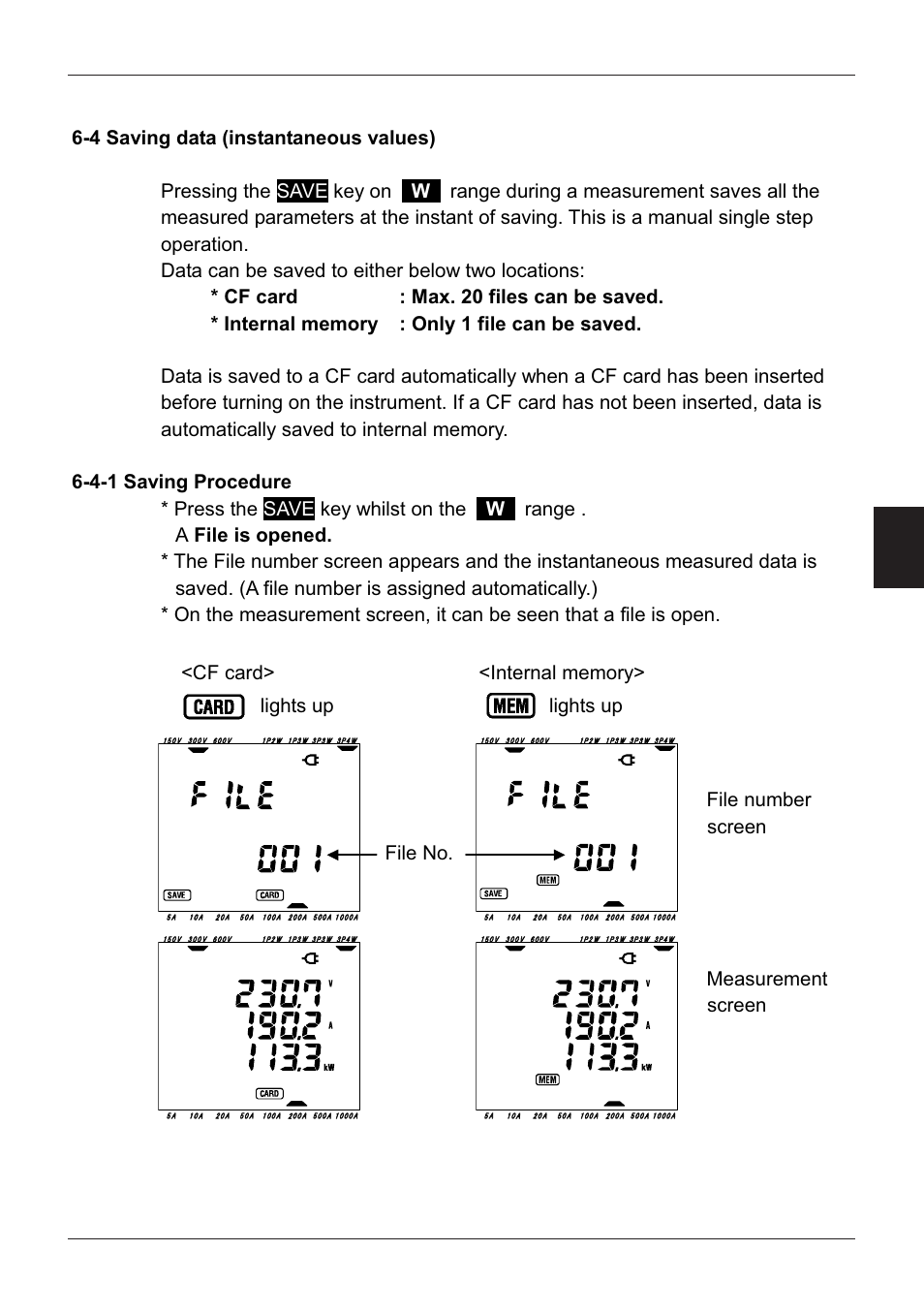 4 saving data (instantaneous values), 4-1 saving procedure, File no | Model6300 | KYORITSU 6300 Instruction Manual User Manual | Page 72 / 152