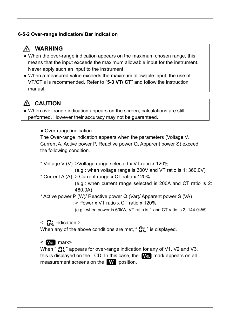 5-2 over-range indication/ bar indication, Warning, Caution | KYORITSU 6300 Instruction Manual User Manual | Page 79 / 152